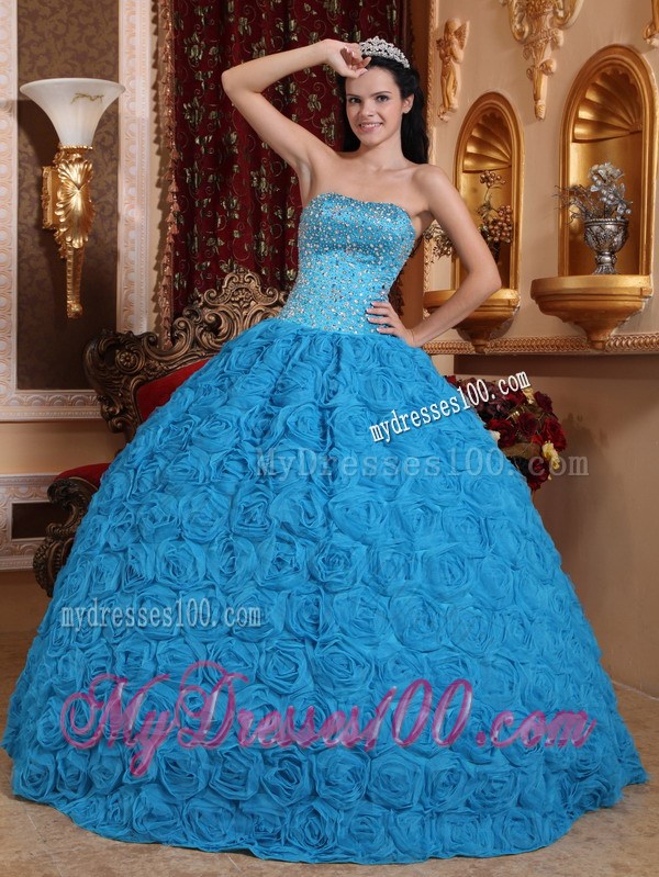 Blue Strapless Beading Fabric With Rolling Flower Quinceanera Dress
