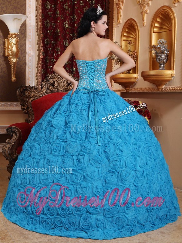 Blue Strapless Beading Fabric With Rolling Flower Quinceanera Dress