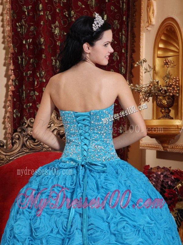 Blue Strapless Beading Fabric With Rolling Flower Quinceanera Dress