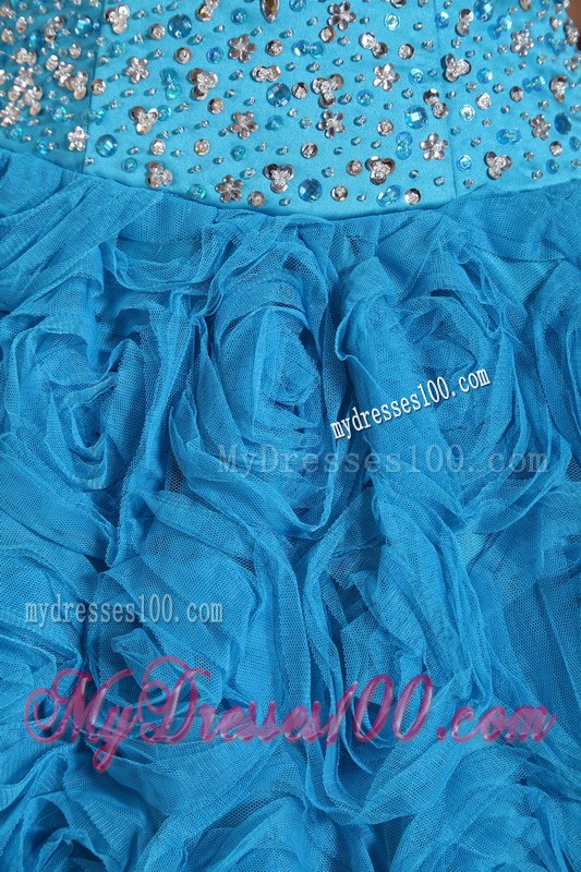 Blue Strapless Beading Fabric With Rolling Flower Quinceanera Dress
