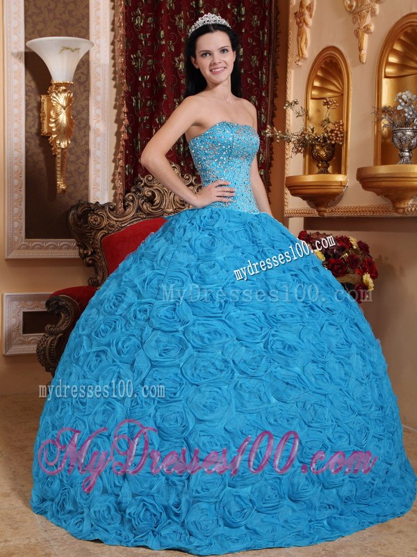 Blue Strapless Beading Fabric With Rolling Flower Quinceanera Dress