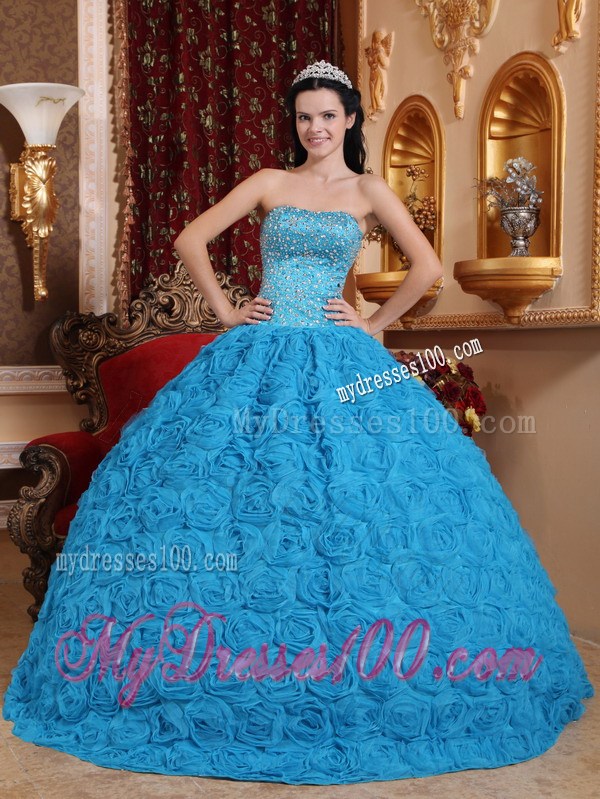Blue Strapless Beading Fabric With Rolling Flower Quinceanera Dress