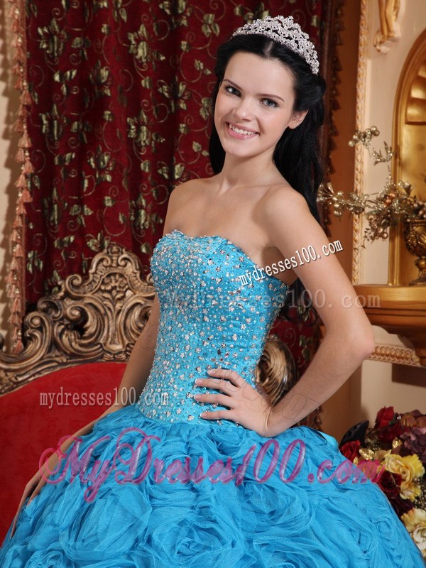 Blue Strapless Beading Fabric With Rolling Flower Quinceanera Dress