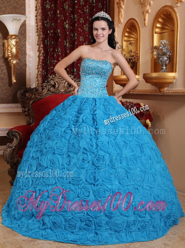 Blue Strapless Beading Fabric With Rolling Flower Quinceanera Dress