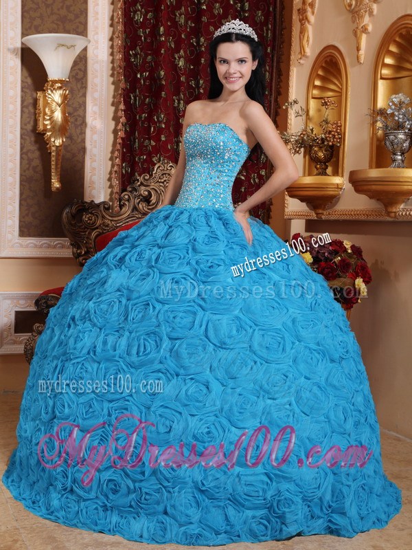 Blue Strapless Beading Fabric With Rolling Flower Quinceanera Dress