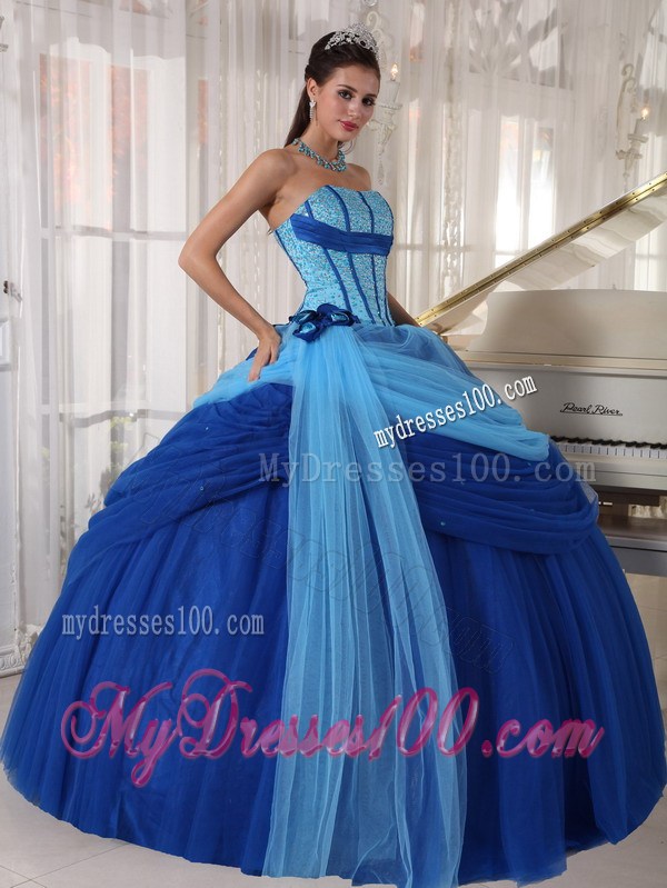 Blue Ball Gown Strapless Tulle Beading Quinceanera Dress With Beading