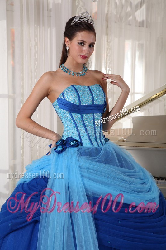 Blue Ball Gown Strapless Tulle Beading Quinceanera Dress With Beading