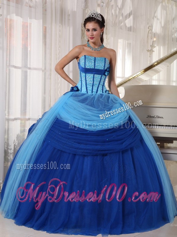 Blue Ball Gown Strapless Tulle Beading Quinceanera Dress With Beading
