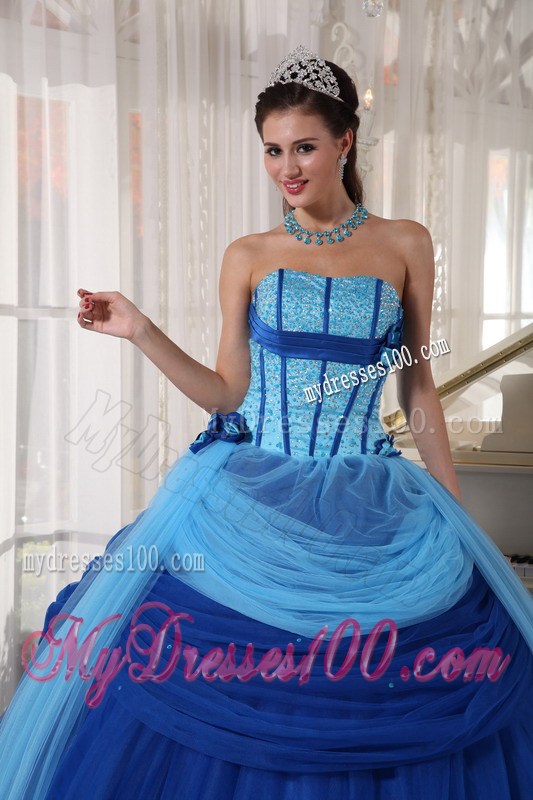 Blue Ball Gown Strapless Tulle Beading Quinceanera Dress With Beading