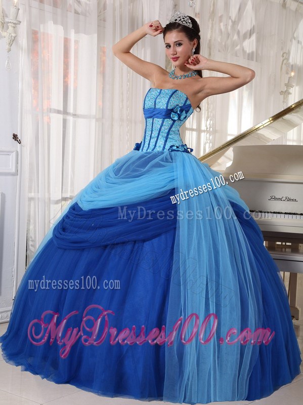 Blue Ball Gown Strapless Tulle Beading Quinceanera Dress With Beading