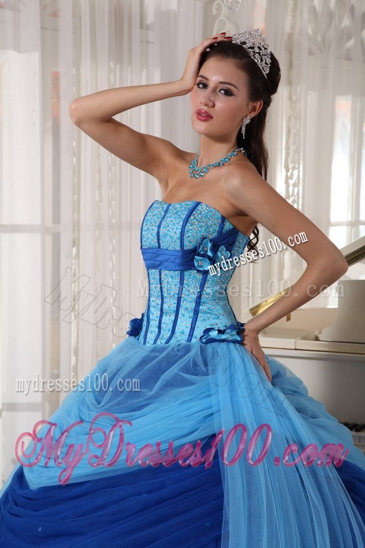 Blue Ball Gown Strapless Tulle Beading Quinceanera Dress With Beading