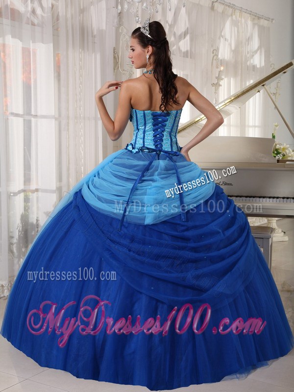 Blue Ball Gown Strapless Tulle Beading Quinceanera Dress With Beading