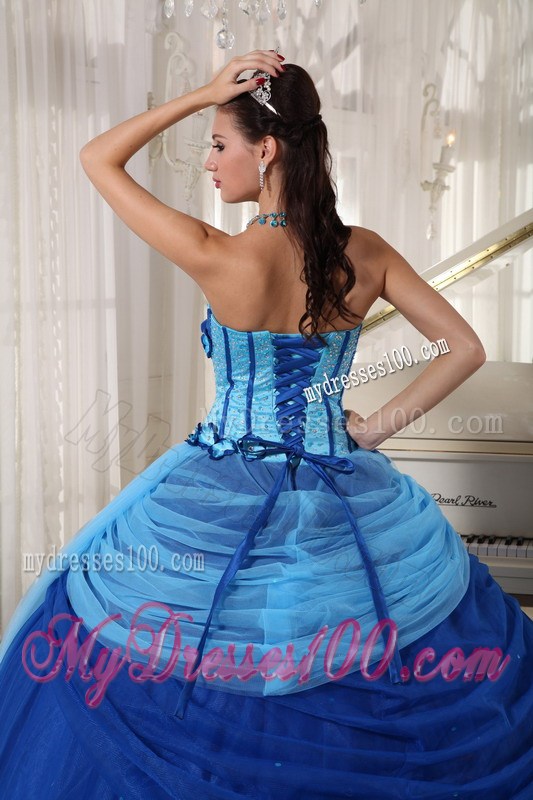 Blue Ball Gown Strapless Tulle Beading Quinceanera Dress With Beading