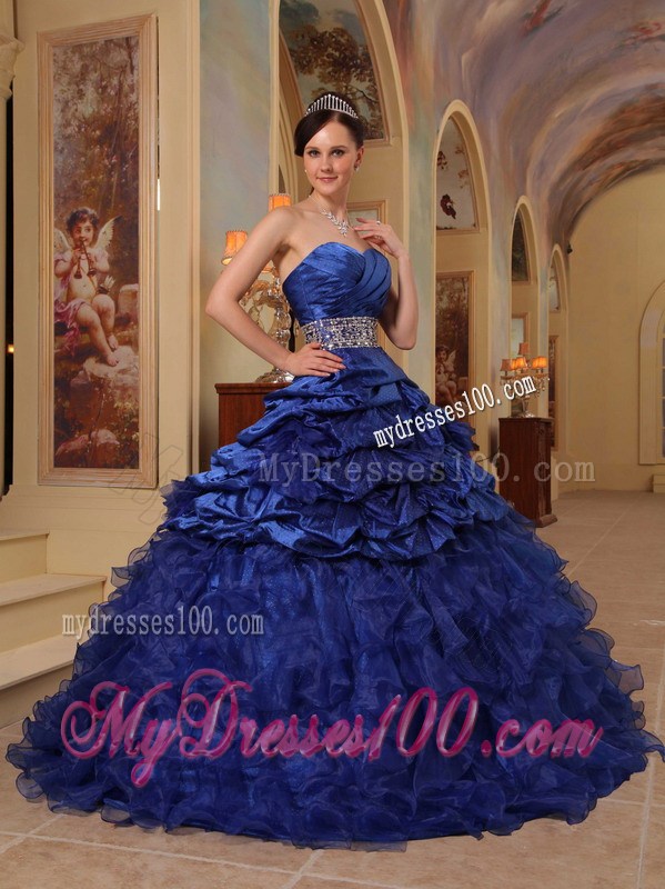 Blue Ball Gown Sweetheart Beaded and Ruffled Quinceanera Dress