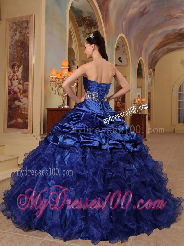 Blue Ball Gown Sweetheart Beaded and Ruffled Quinceanera Dress