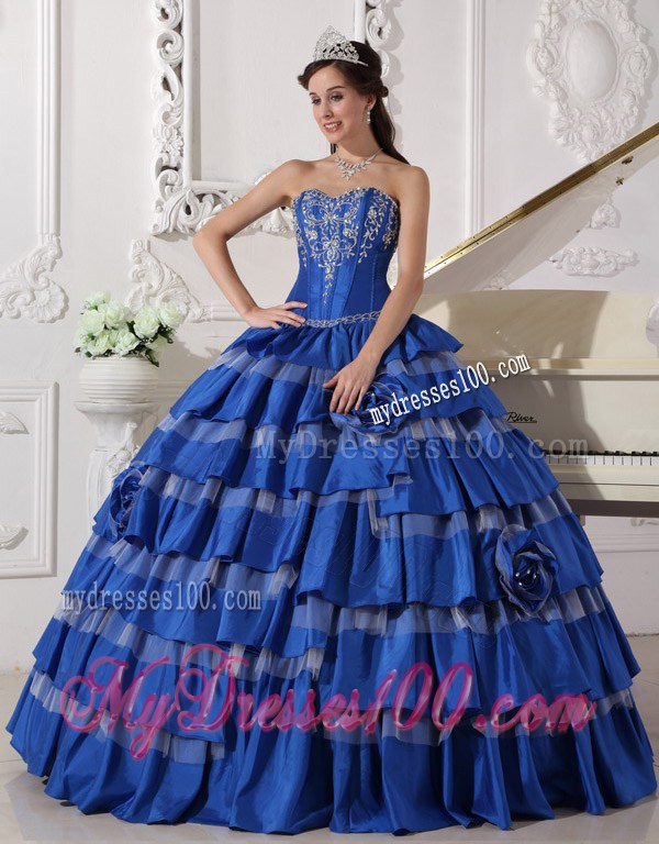 Blue Ball Gown Sweetheart Embroidery Flower Layered Quinceanera Dress