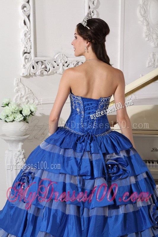 Blue Ball Gown Sweetheart Embroidery Flower Layered Quinceanera Dress
