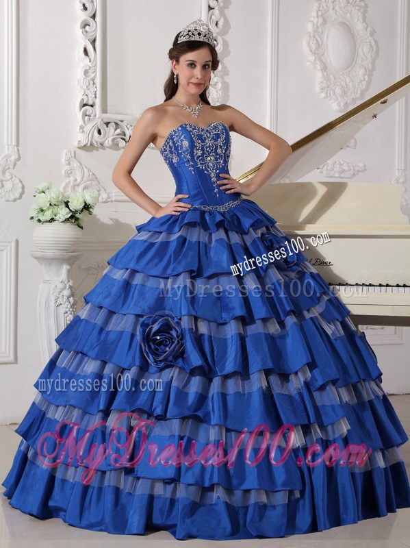 Blue Ball Gown Sweetheart Embroidery Flower Layered Quinceanera Dress
