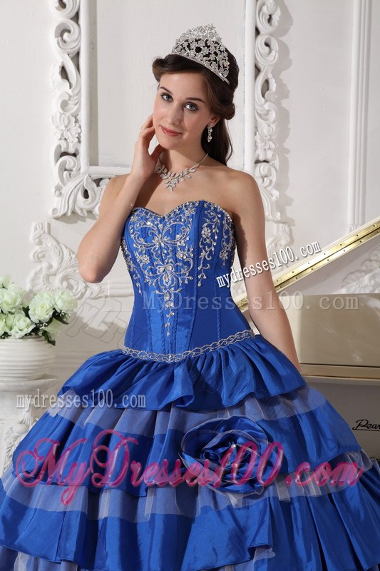 Blue Ball Gown Sweetheart Embroidery Flower Layered Quinceanera Dress