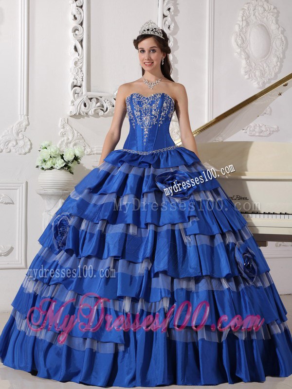 Blue Ball Gown Sweetheart Embroidery Flower Layered Quinceanera Dress