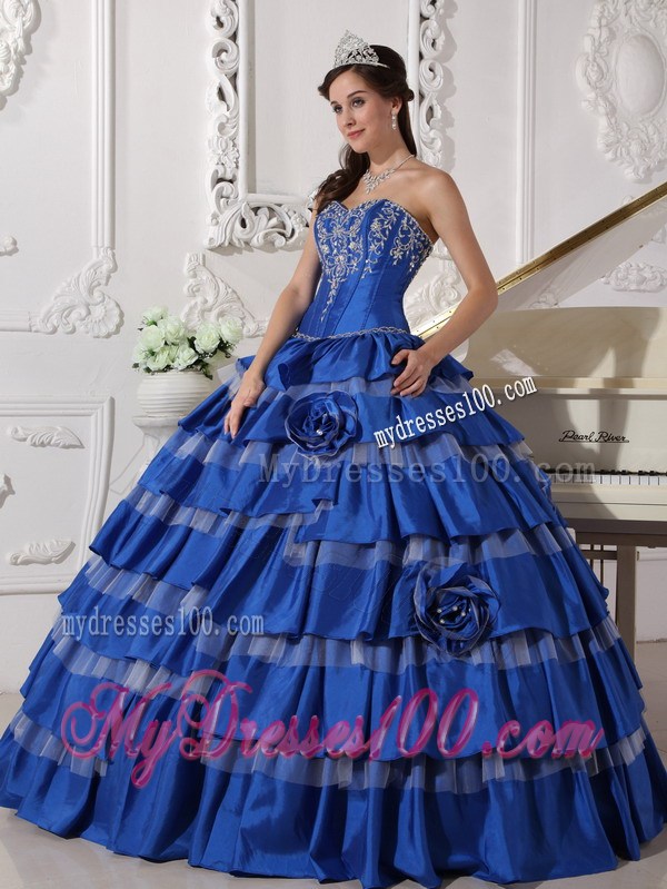 Blue Ball Gown Sweetheart Embroidery Flower Layered Quinceanera Dress