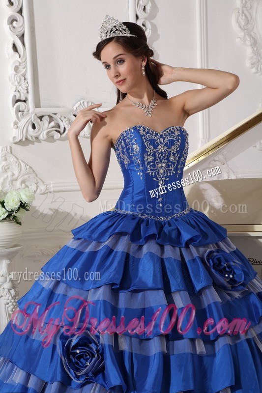 Blue Ball Gown Sweetheart Embroidery Flower Layered Quinceanera Dress
