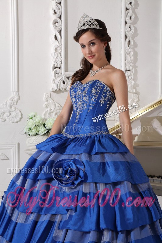Blue Ball Gown Sweetheart Embroidery Flower Layered Quinceanera Dress