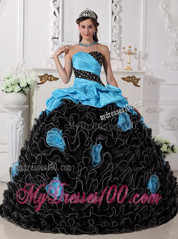 Blue and Black Sweetheart Quince Dress with Beading and Rolling Flowers