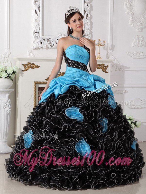 Blue and Black Sweetheart Quince Dress with Beading and Rolling Flowers