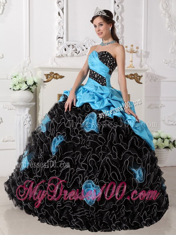 Blue and Black Sweetheart Quince Dress with Beading and Rolling Flowers