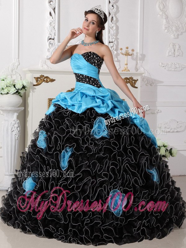 Blue and Black Sweetheart Quince Dress with Beading and Rolling Flowers