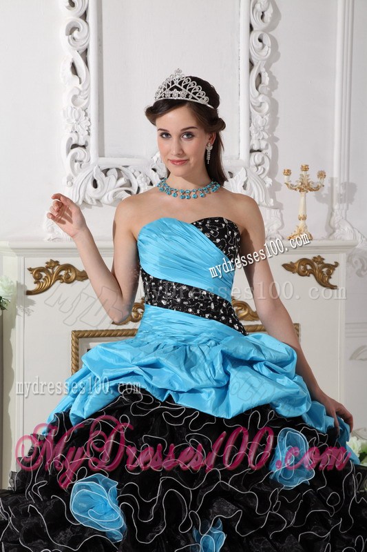 Blue and Black Sweetheart Quince Dress with Beading and Rolling Flowers