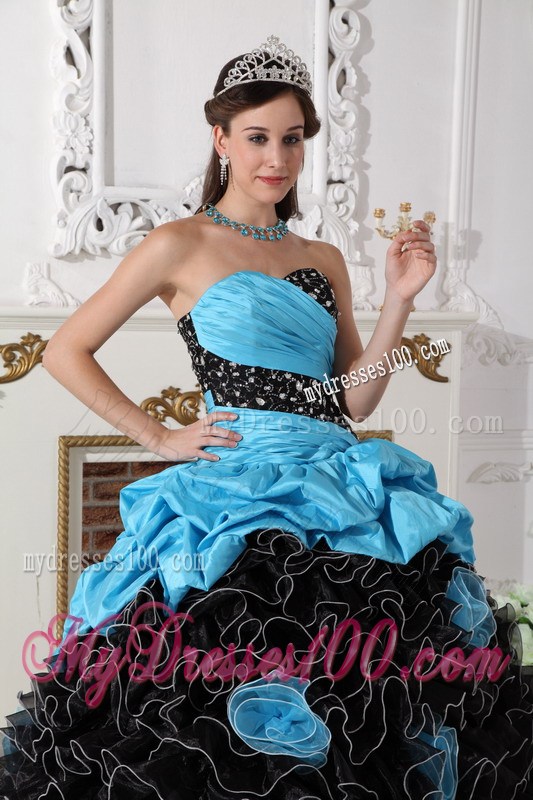 Blue and Black Sweetheart Quince Dress with Beading and Rolling Flowers