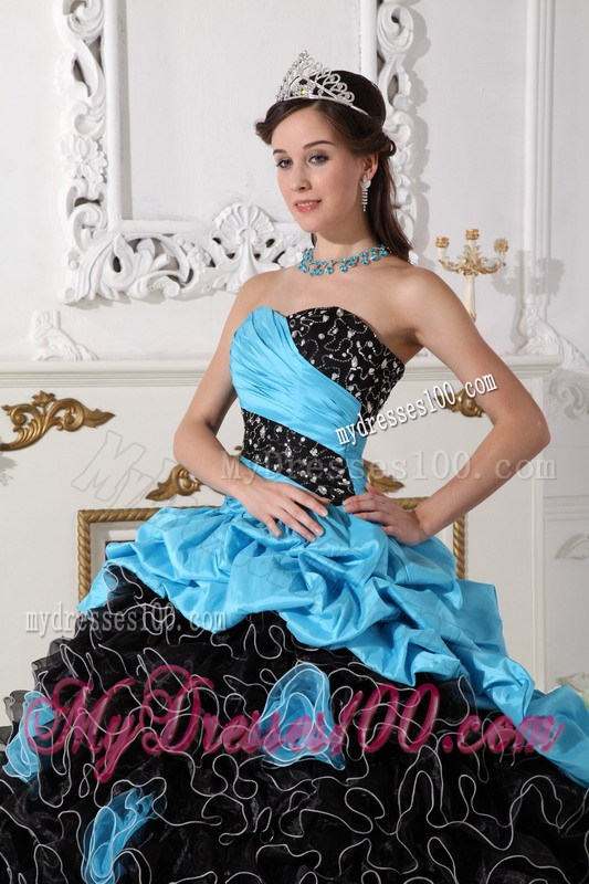 Blue and Black Sweetheart Quince Dress with Beading and Rolling Flowers