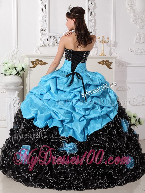 Blue and Black Sweetheart Quince Dress with Beading and Rolling Flowers