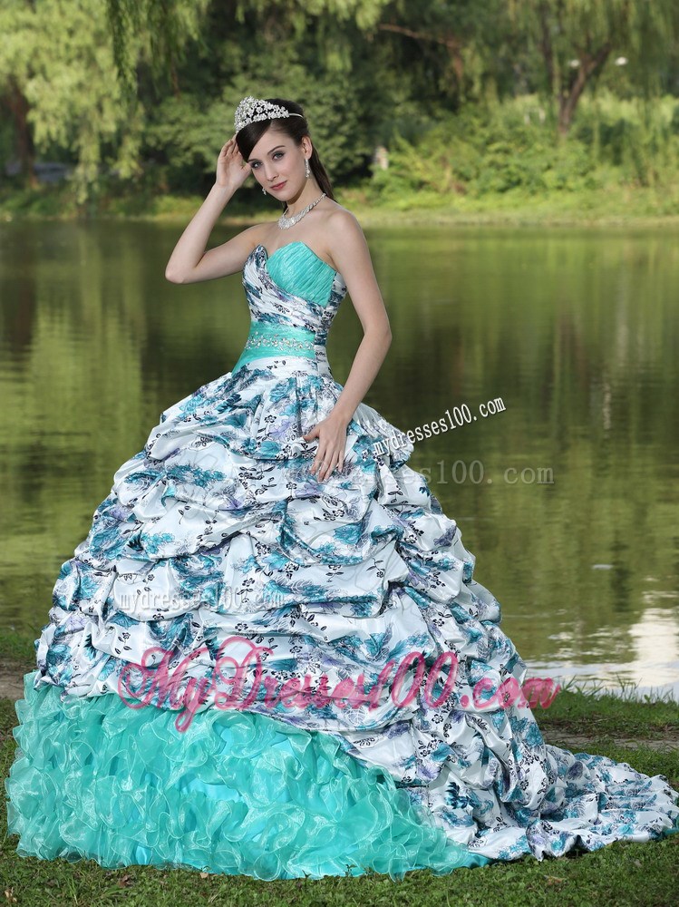 Colorful Printing Beaded Quinceanera Gown Dresses with Pick-ups