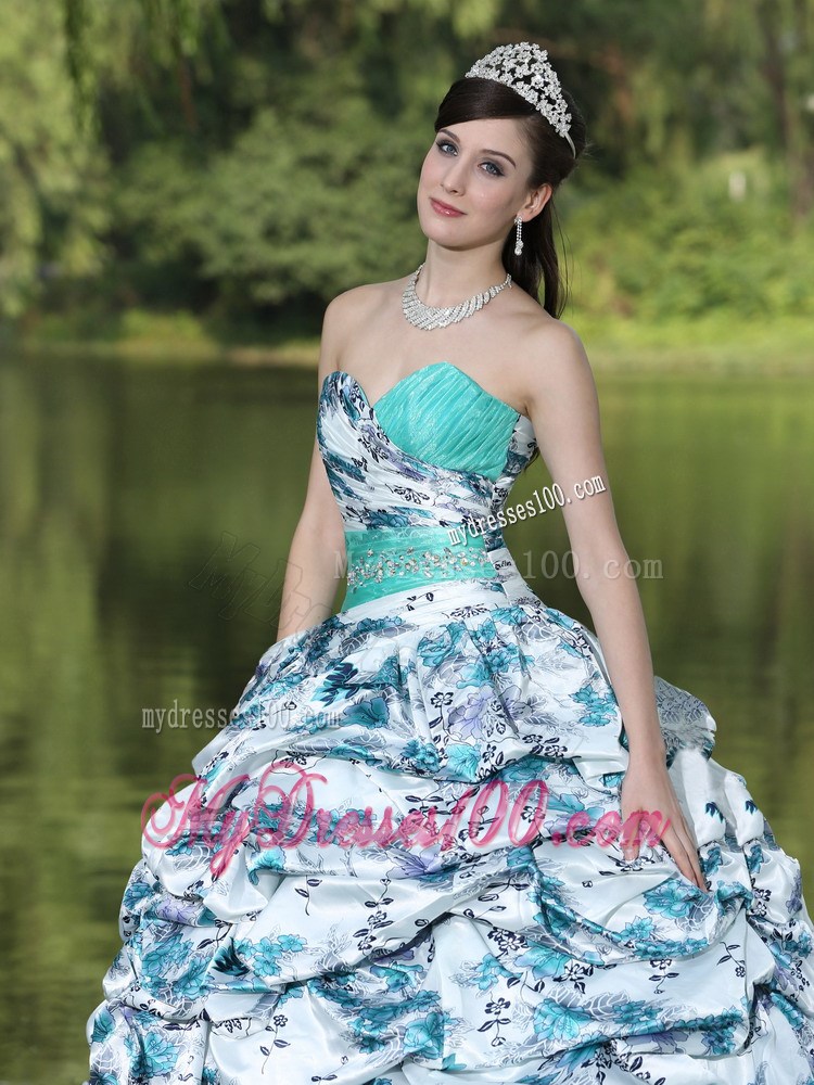 Colorful Printing Beaded Quinceanera Gown Dresses with Pick-ups