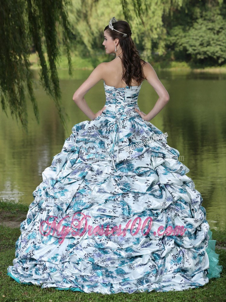 Colorful Printing Beaded Quinceanera Gown Dresses with Pick-ups