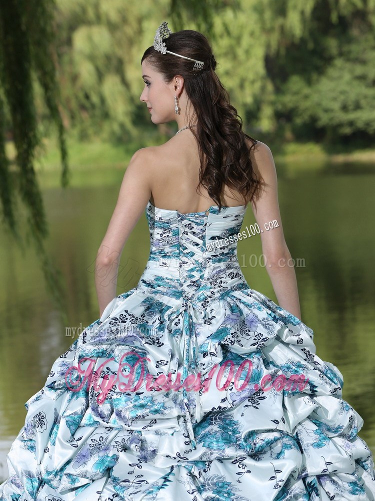 Colorful Printing Beaded Quinceanera Gown Dresses with Pick-ups