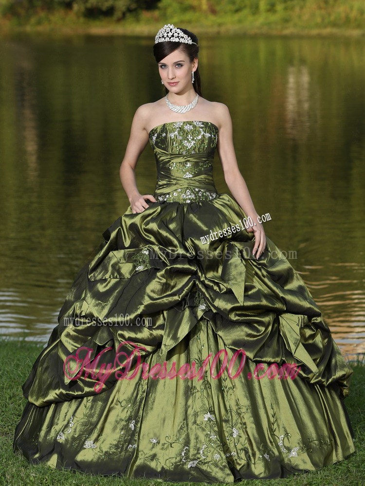Strapless Beaded Quinceanera Dress in Olive Green with Pick-ups