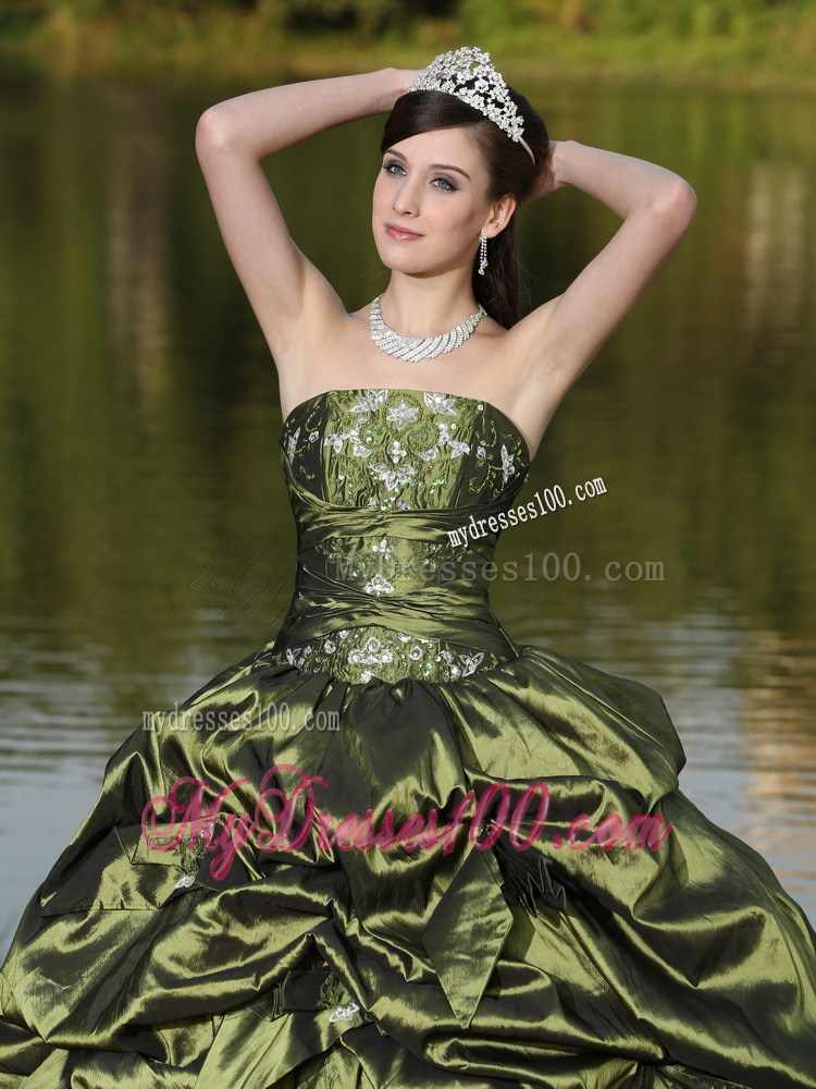 Strapless Beaded Quinceanera Dress in Olive Green with Pick-ups