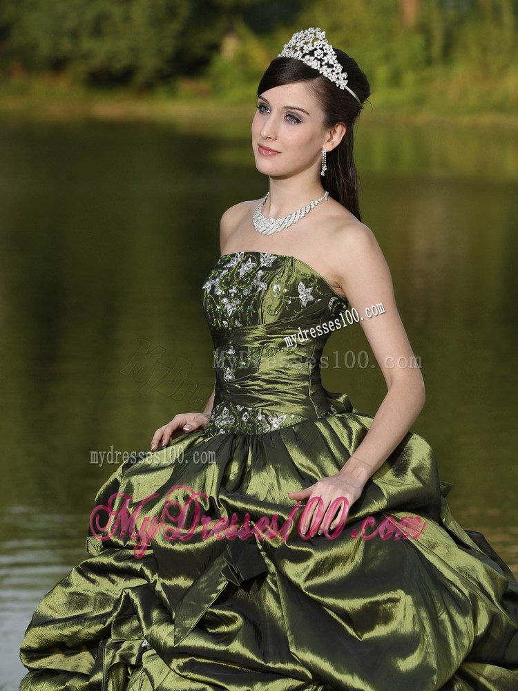 Strapless Beaded Quinceanera Dress in Olive Green with Pick-ups