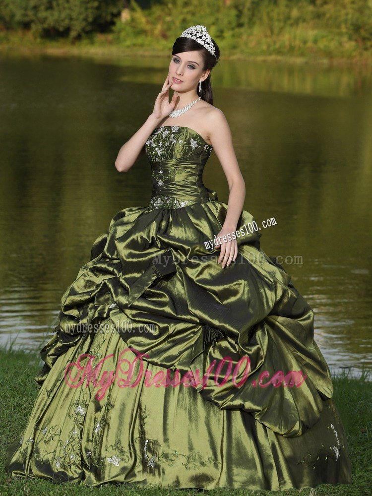Strapless Beaded Quinceanera Dress in Olive Green with Pick-ups