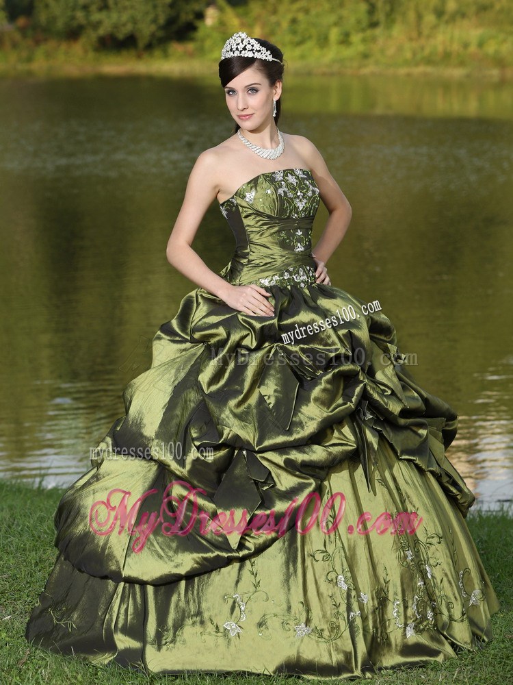 Strapless Beaded Quinceanera Dress in Olive Green with Pick-ups