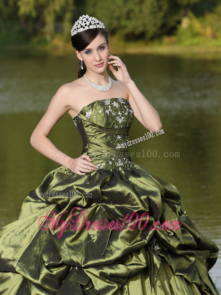 Strapless Beaded Quinceanera Dress in Olive Green with Pick-ups