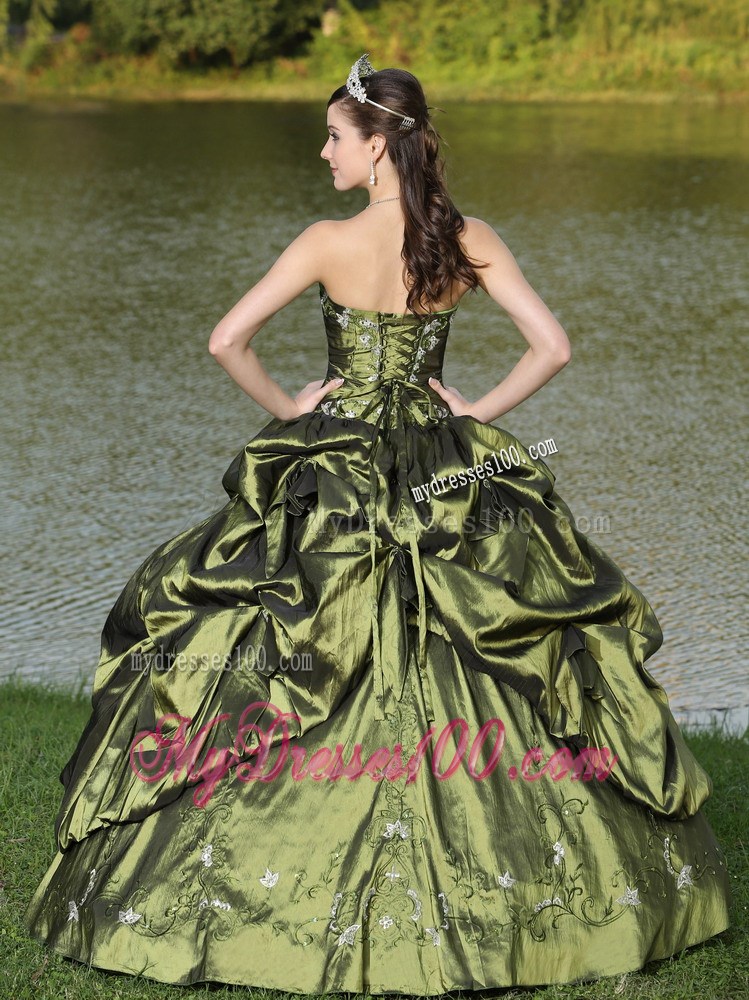 Strapless Beaded Quinceanera Dress in Olive Green with Pick-ups