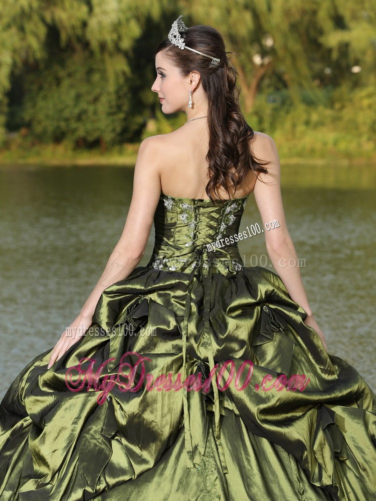 Strapless Beaded Quinceanera Dress in Olive Green with Pick-ups