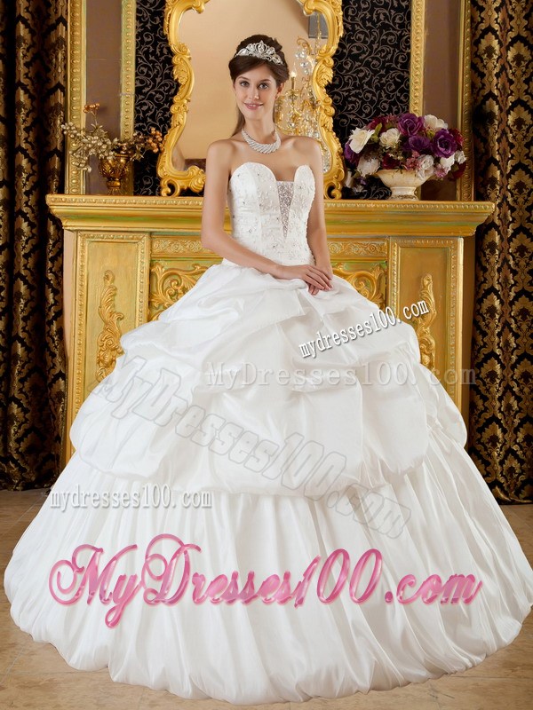 Ball Gown Strapless White Quinceanera Dress with Beading and Pick-ups