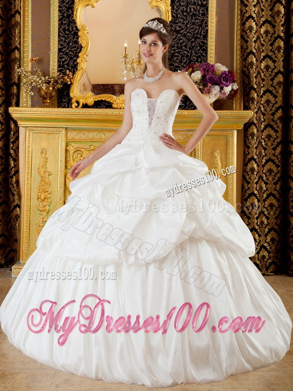 Ball Gown Strapless White Quinceanera Dress with Beading and Pick-ups