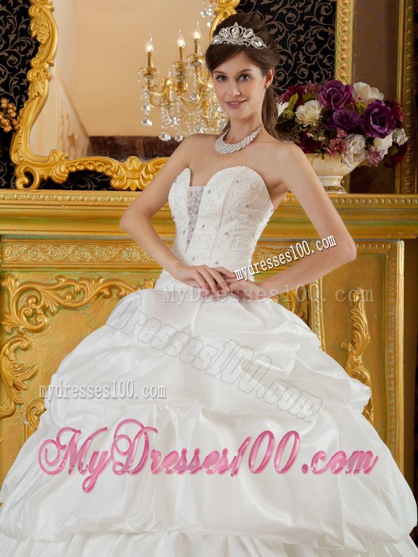 Ball Gown Strapless White Quinceanera Dress with Beading and Pick-ups